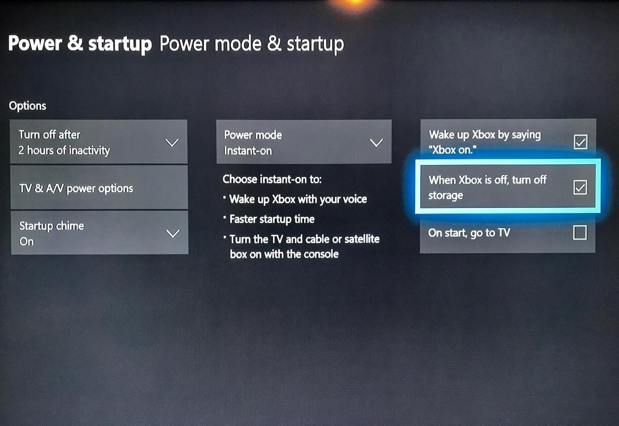 How to enable turn off storage option When Xbox is off